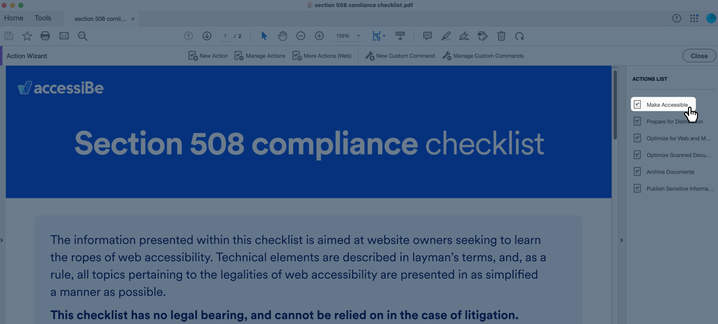 Screenshot of the &lsquo;Make Accessible&rsquo; icon within the Action Wizard actions list.