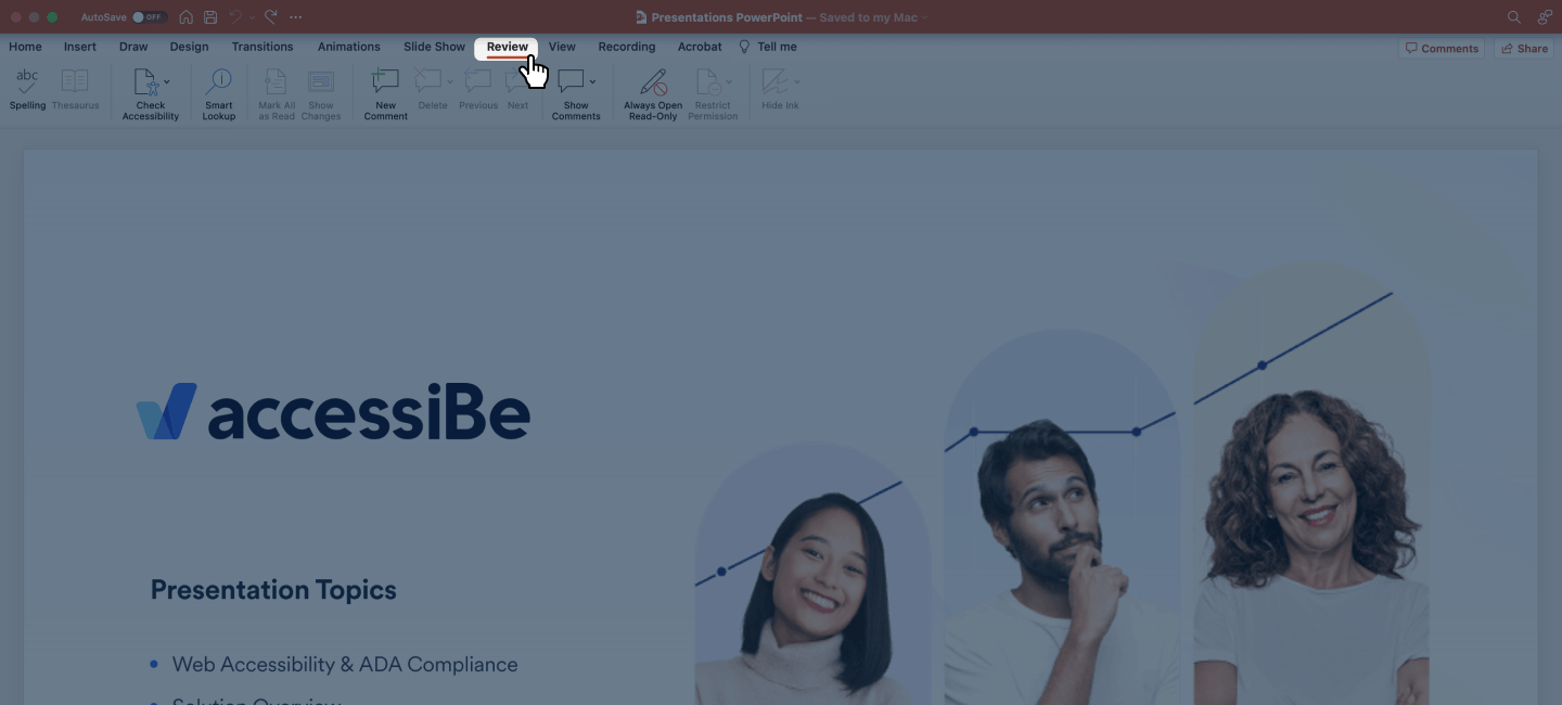 Screenshot of PowerPoint&rsquo;s top-level editing options with &lsquo;Review&rsquo; selected as the active tab.